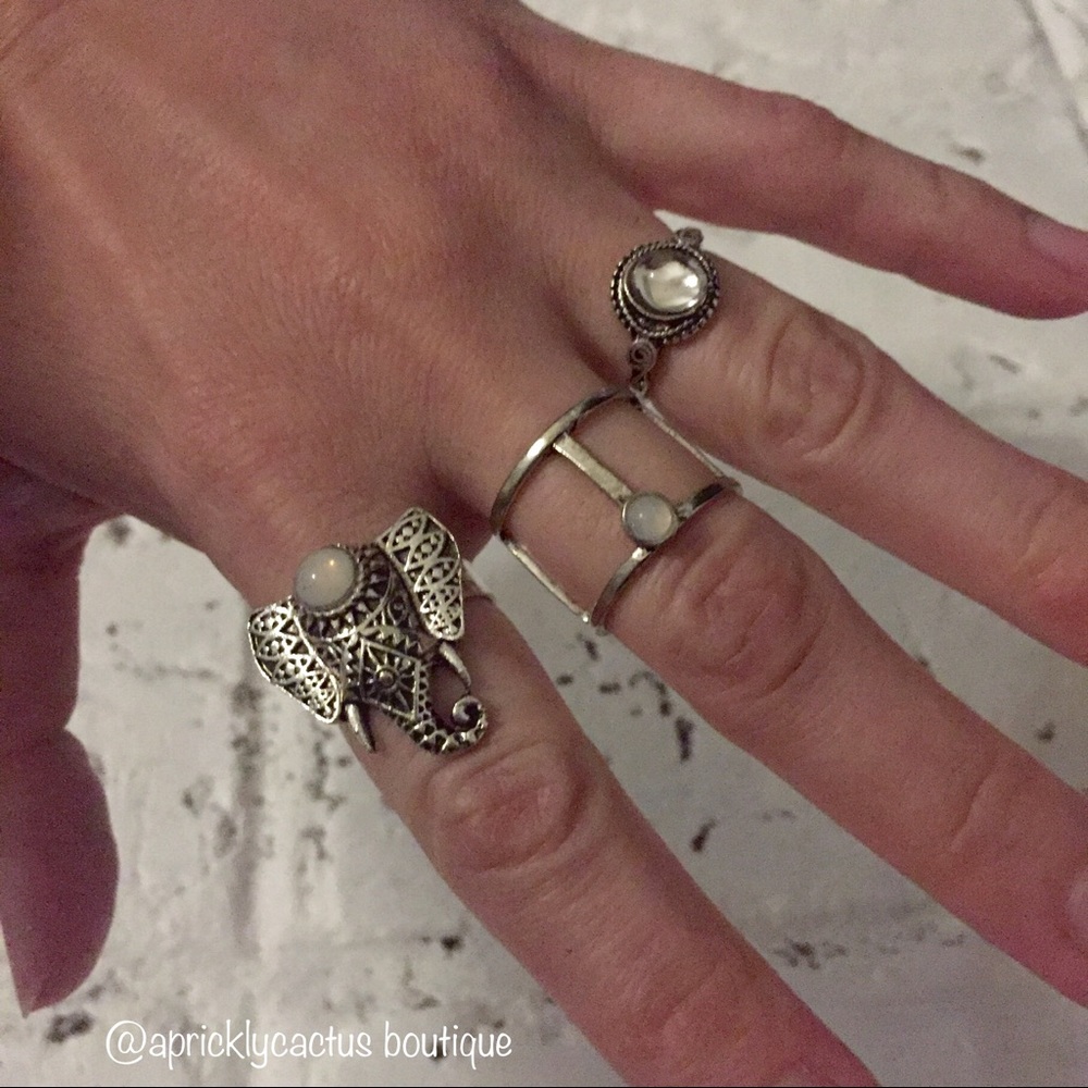🛍 3pc Elephant Tribal Boho Silver Midi Rings Set - Picture 6 of 8